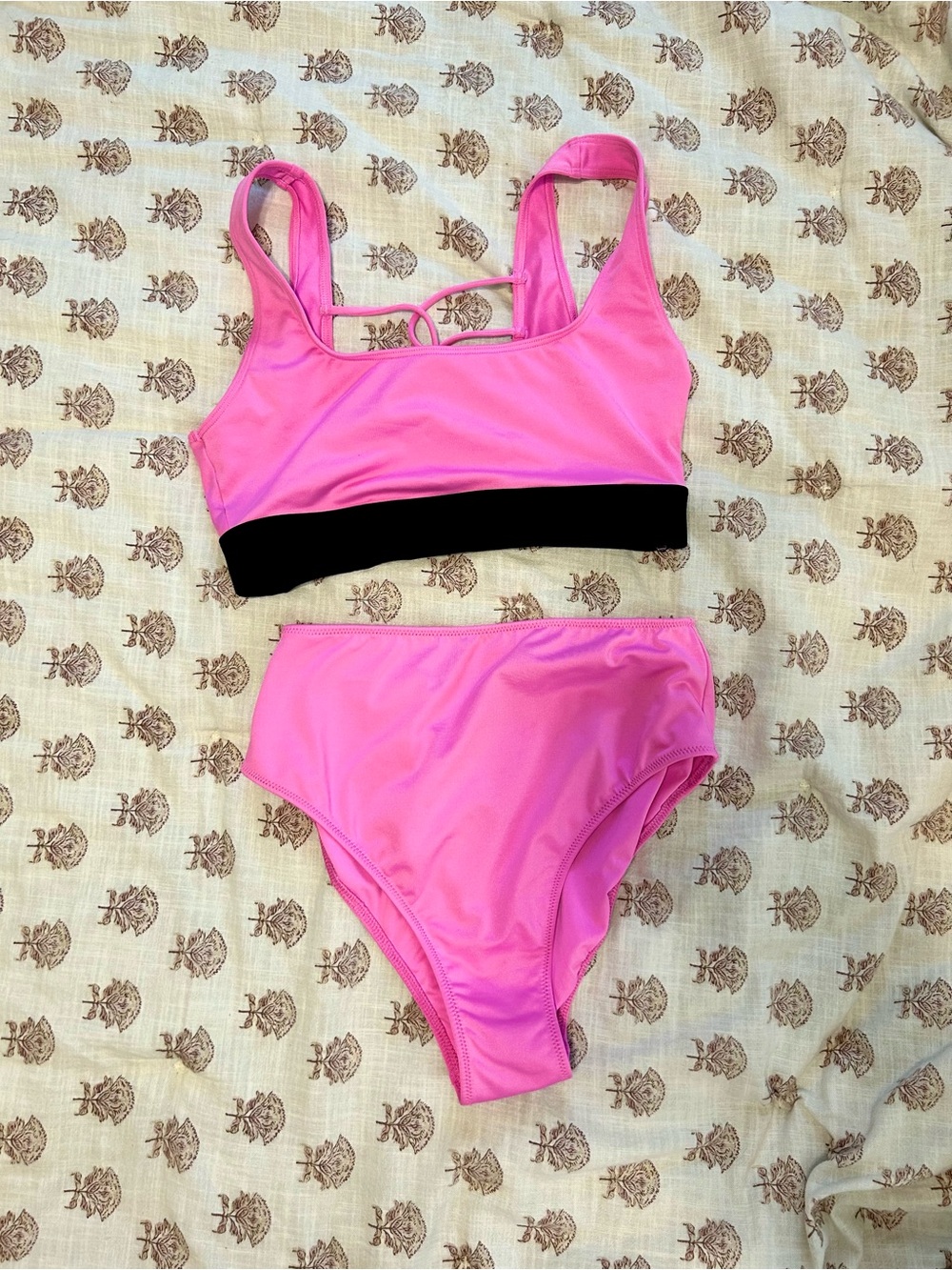 PINK Victoria's Secret Hot Pink Bikini Set with Black Elastic Band